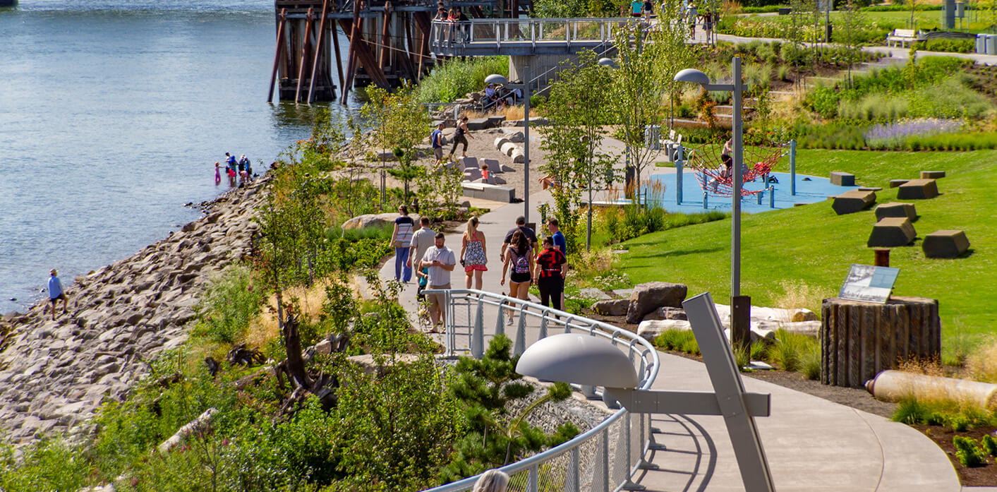 waterfront pathway with restaurants